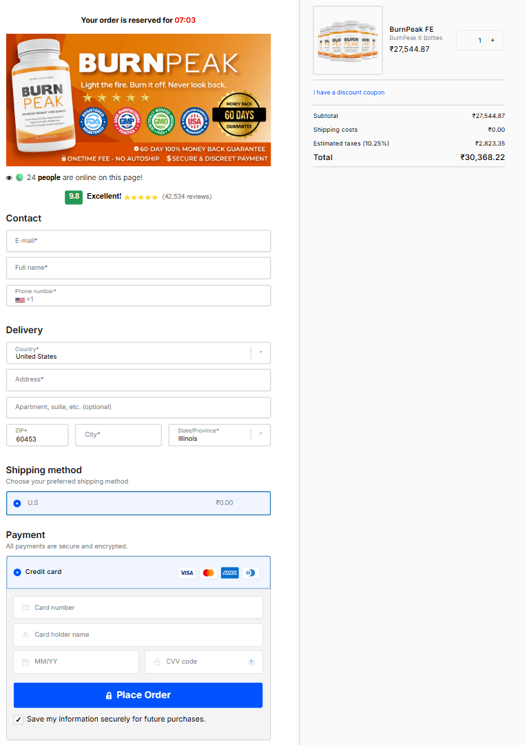 Burn Peak order page